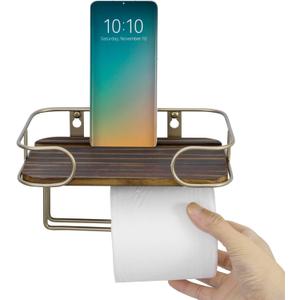 MyGift Modern Wall Mounted Toilet Paper Holder, Vintage Brass Tone Metal Bathroom Tissue Roll Storage and Rustic Burnt Solid Wood Shelf with Phone Stand