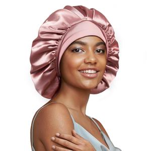 100% Real Mulberry Silk Bonnet for Sleeping Women, Large Hair Care Bonnet for Long Curly Hair, Double Layer Silk Wrap with Soft Elastic Band, Non-Slip Sleep Cap, Pink