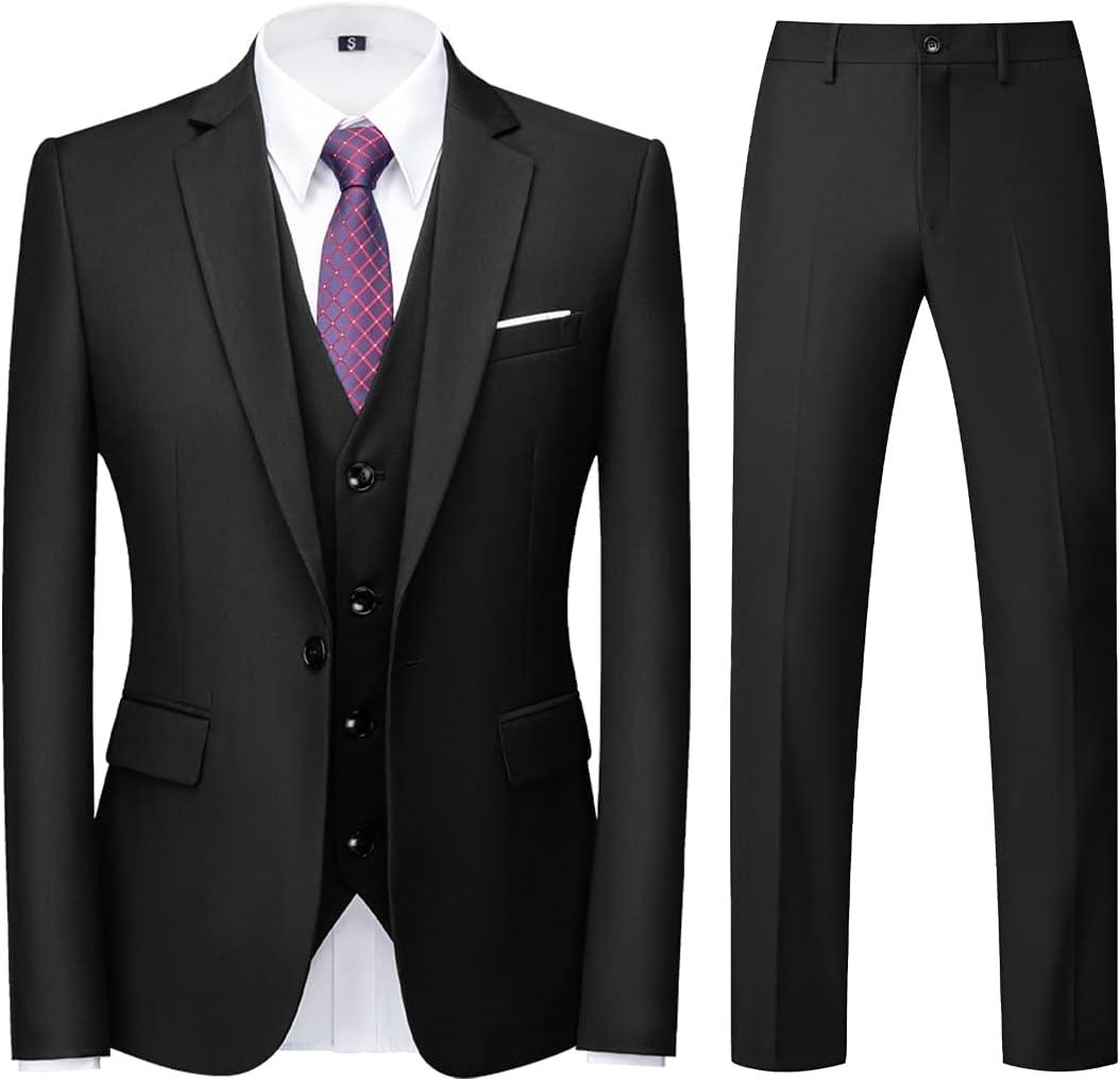 Mens Suits Regular Fit 3 Piece Tuxedo Blazer Jacket Vest Pants Formal Suit Set for Men Wedding Prom Casual (Black, M)