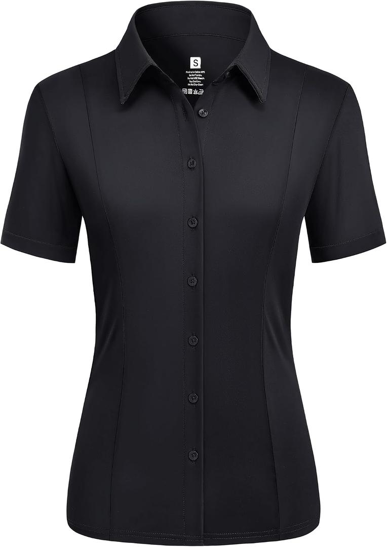 Button Down Shirts for Women Stretch Short Sleeve Dress Shirts for Women Collared Wrinkle Free Business Top Work Blouse (Black, M)