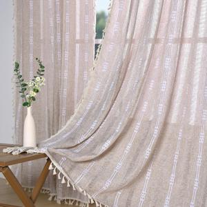Boho Curtains for Bedroom Living Room 84 Inches Long Semi Blackout Farmhouse Embroidery Curtains 2 Pannels Set Cotton Linen Window Curtain Panel, Bohemian Tassel Curtain Drapes, 55" W x 84" L,Coffee