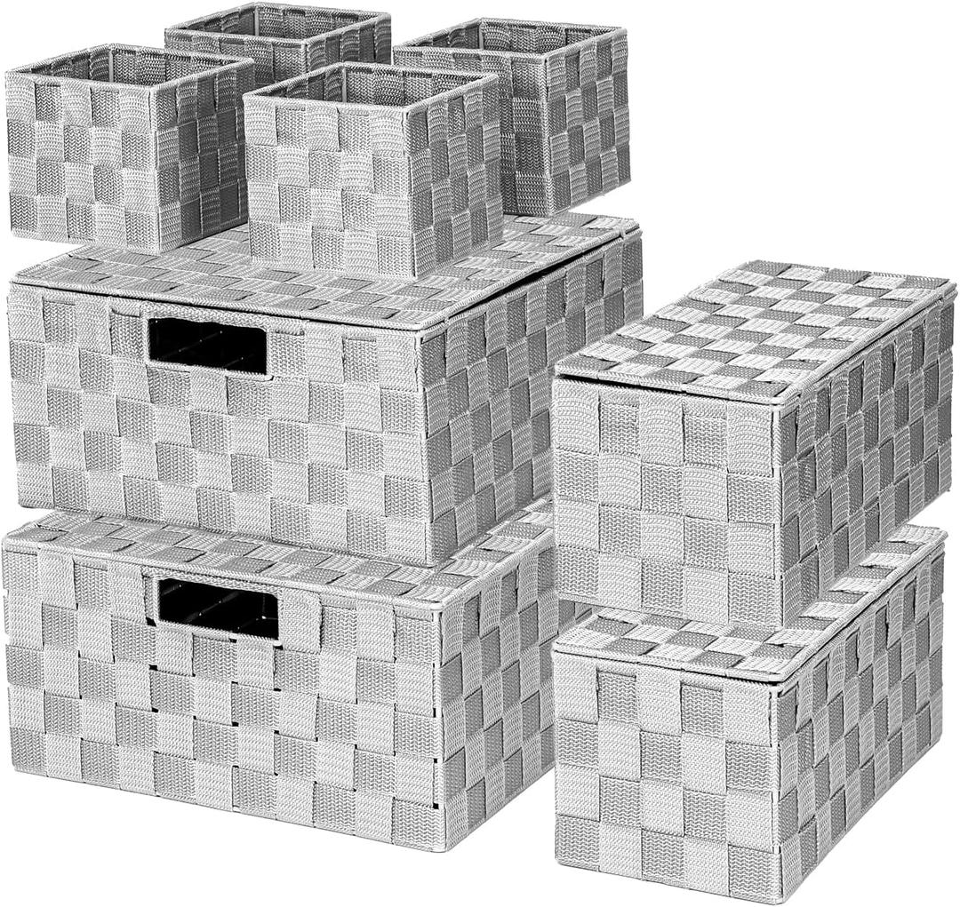 Woven Polypropylene Basket Set of 8, Woven Storage Basket, Woven Strap Baskets, Woven Basket Organizer for Bedroom, Bathroom, Office, Shelf, Dresser, Kitchen, Pantry, Gray