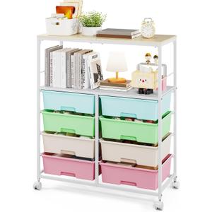 8 Drawers Rolling Storage Cart with Wooden Top, Multipurpose Utility Cart with Opening Shelf & Lockable Wheels, Storage Drawer Cart Organizer for Home Office Craft Room Classroom, Rainbow