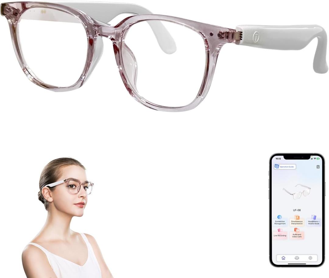 GenXenon AI Smart Glasses with Real-Time Translation, Wireless Bluetooth 5.3, Smart Simultaneous Interpretation for 160+ Languages, Open-Ear Design,Clear Frame Blue Light Glasses for Woman Travel,Work