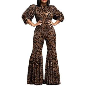 THLAI Jumpsuits for Women Sexy Leopard Print Long Sleeve Flared Pants Bell Bottoms Party Club One Piece Jumpsuit Romper, Large