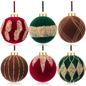 Liliful 6 Pcs Large Beige Brown Green Velvet Christmas Ball Ornaments 4 Inch Flocked Glitter Christmas Ornaments Sequin Elegance Shatterproof Modern Hanging Decoration for Xmas Tree Mantle Home Decor