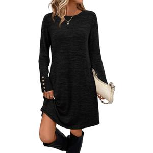 OFEEFAN Long Sleeve Dress for Women Crew Neck Tunic Dress with Pockets Decorative Buttons (Small, Black)