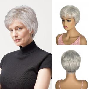 Short Grey Wigs for White Women Short Layered Pixie Cut Silver Gray Wigs with Bangs Women Natural Curly Synthetic Hair Wig(8 inch, Silver Grey)