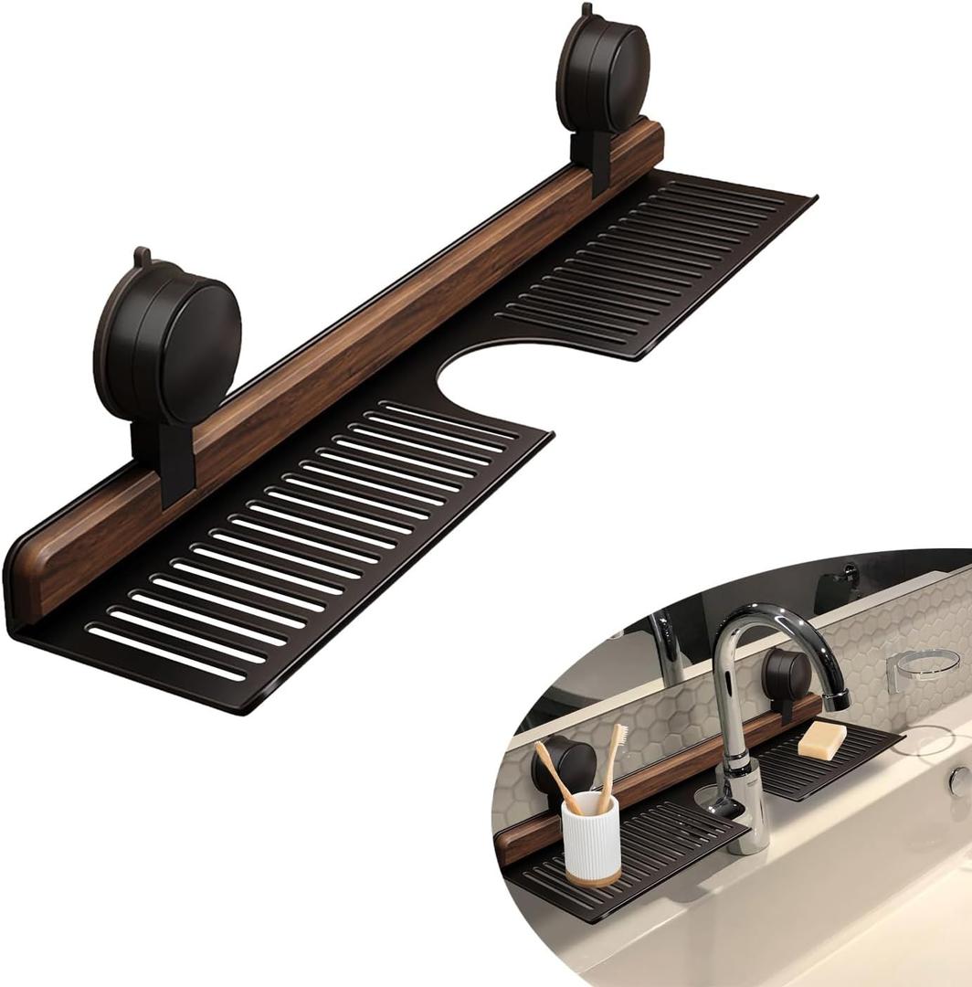Walnut Bathroom Sink Shelf Over Faucet,2025 New No-Drill Shower Caddy Suction Cup with Strong Adhesion,Stable Over Sink Shower Rack for Easy Drainage,Wall Shelf for Bathroom,Kitchen (15.7IN/40CM)
