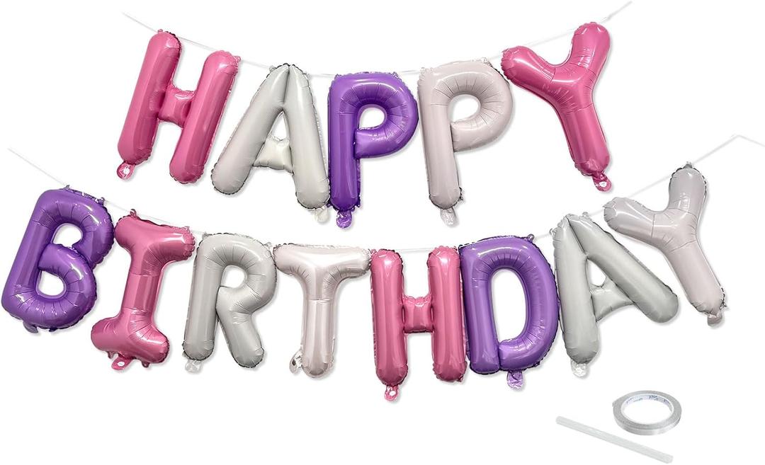 2 x Pink Purple Happy Birthday Balloon Banner Set -16 Inch Foil Letters Balloons, Reusable Birthday Decorations and Party Supplies, Suitable for Men and Women's Birthday DecorationsParty Backdrop