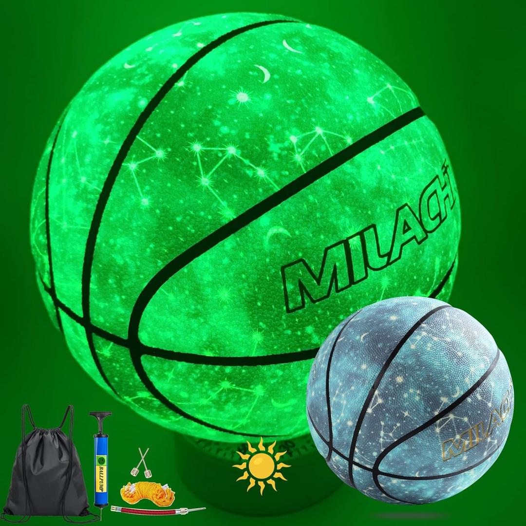 Basketball, Glow in The Dark Basketball, Glowing Leather Luminous Basketball Ball Gift for Youth, Men, Women, Indoor-Outdoor Night Game | Size 7(29.5") / 6(28.5") / 5 (27.5") with Pump (Blue)