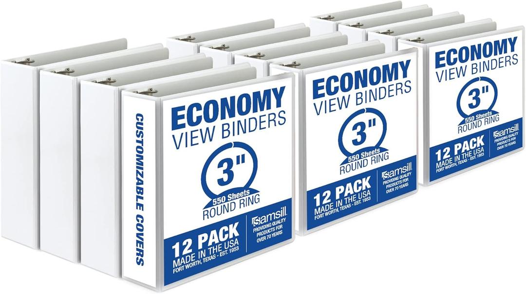 Samsill 3 Inch 3 Ring Binders, Economy Round Ring, Clear View Cover, 550 Sheet Capacity - for School, Home, Office - White, 12 Pack