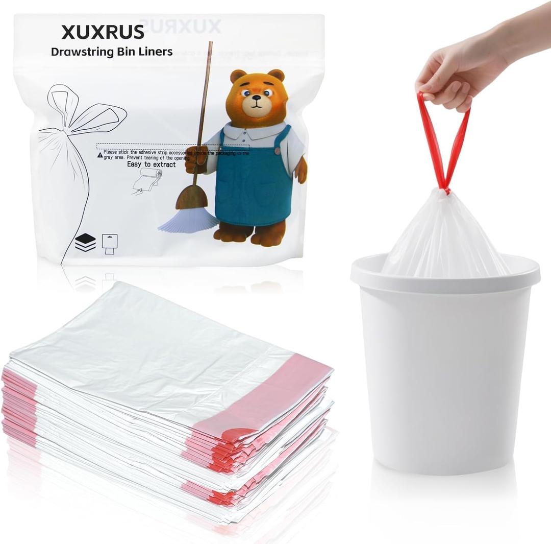 XUXRUS 2.6 Gallon White Trash bags 60 Count Small Drawstring Trash Bag, Tear-Free Heavy Duty Garbage Bags, Leak-Proof & Odor Blocking Small Garbage Liners for Kitchen, Bathroom, Multi-Purpose Use
