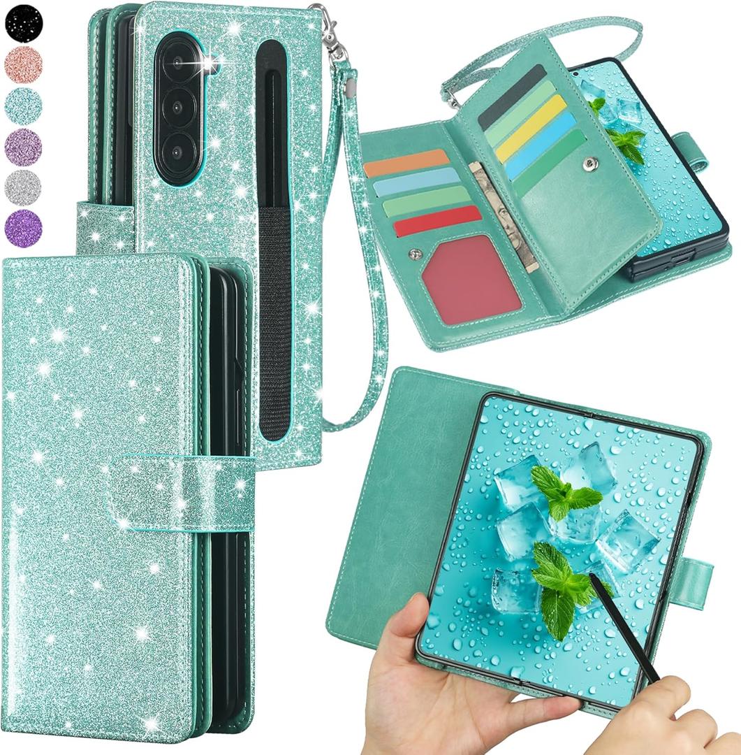 Varikke Compatible with Samsung Galaxy Z Fold 6 Wallet Case, [RFID Blocking] Card Holder, Glitter PU Leather Flip Phone Case with S Pen Holder Slot & Wrist Strap for Women Men, Mint