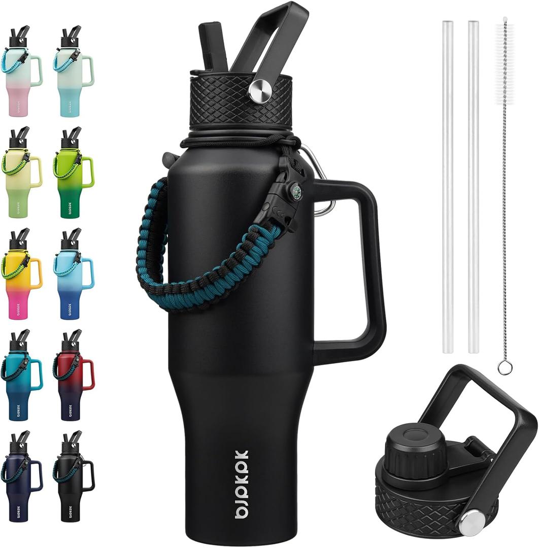 BJPKPK Insulated Water Bottles with Straw Lid, 35oz Metal Water Bottle with 2 lids & Paracord Strap, Double Wall Stainless Steel Tumbler with Handle, Reusable Cups, Mugs, Thermo, Black