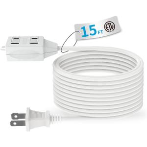 2 x TiFFCOFiO Indoor Extension Cord, 2 Prong 15 Feet Extension Cord, 3 Polarized Outlets with Safety Slide Windows,13A/1625W, 16 AWG, 1 Pack