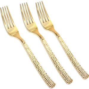 Supernal 300pcs Gold Plastic Forks,Disposable Hammered Forks,Premium Heavyweight Silverware Polished,Perfect for Big Party,Christmas Party Silverware