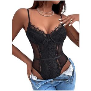 SHENHE Women's Floral Lace Spaghetti Strap Sheer Mesh Sleeveless Cami Bodysuit Tops Size M