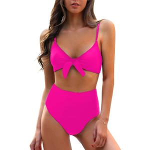 Blooming Jelly Womens High Waisted Bikini Set Tie Knot High Rise Two Piece Swimsuits Bathing Suits (Large, Neon Hot Pink)