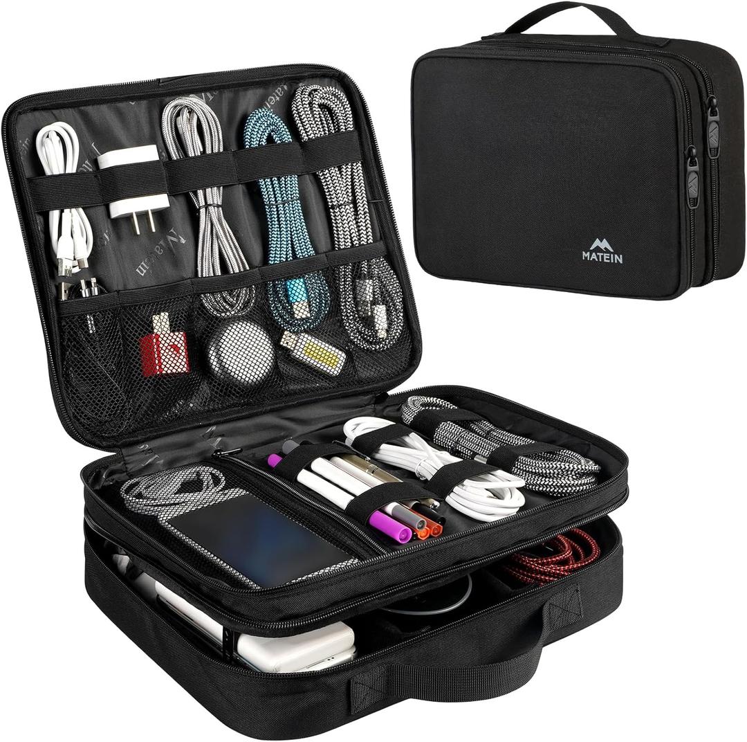 MATEIN Cable Organizer Bag, Large Travel Storage Bag Sturdy Tool Case with Handle for Phone Cord Electronics Accessories, Carrying Case for Tablet (Up to 12.9inch), Powerbank, Hard Drive, Black