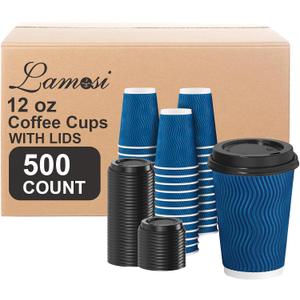 Lamosi Disposable Coffee Cups with Lids 12 OZ 500 Pack, Insulated Paper Corrugated Ripple Wall To Go Cup for Hot Beverages - Blue