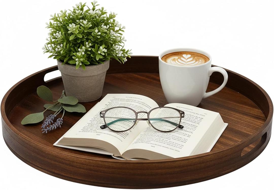 Large Round Wooden Coffee Table Trays 20" - Multi-Functional Home Decor Ottoman Serving Platter Carbonized Black (Brown)