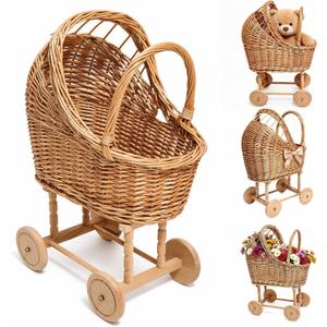 Vintage Wicker Baby Carriage Decor，Woven Rattan Stroller Flower Basket Cart for Wedding Centerpieces, Baby Shower Party Supplies & Nursery Floral Arrangement Props Floral Rustic Home Decor