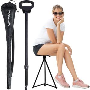 Walking Cane with Seat for Men & Women, Lightweight Anti-Slip Walking Stick with Carry Bag, Portable Stool for Senior & Adults, Foldable Cane Chair for Travel Hiking (Black)