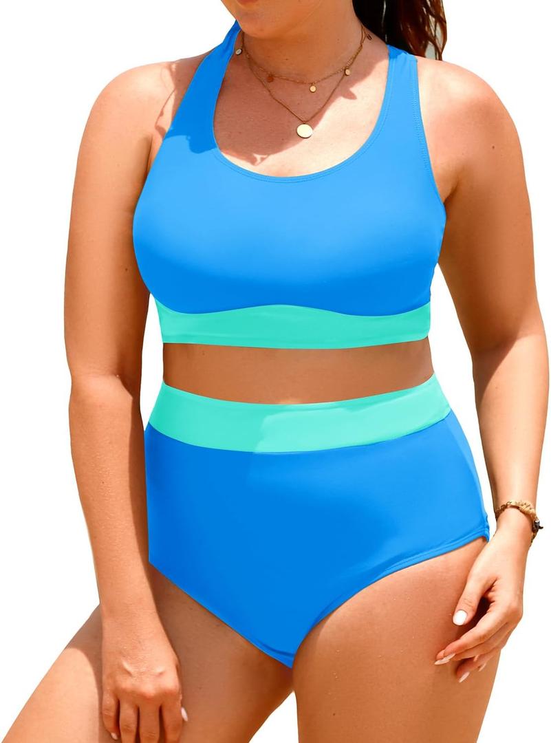 Aqua Eve Plus Size Two Piece High Waisted Bikini Swimsuits Scoop Neck Bikini Set Sporty Bathing Suits, 14W,  Blue Green