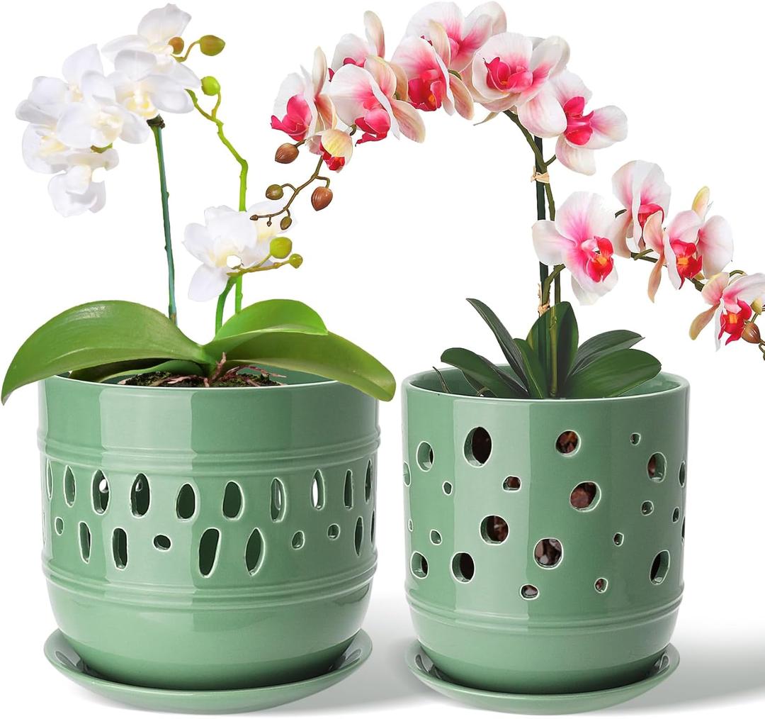Orchid Pots with Holes, 5+6 Inch Large Orchid Pot with Drainage and Saucers, Ceramic Orchid Planter for Indoor/Outdoor Set of 2 Flower Pots - Pea Green