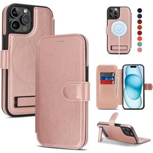for iPhone 15 Pro Max Wallet Case with Stand,PU Leather Flip Credit Card Holder Slots (RFID Blocking),Compatible with Magsafe Magnetic Holder Phone Cover Women Men,Rose Gold