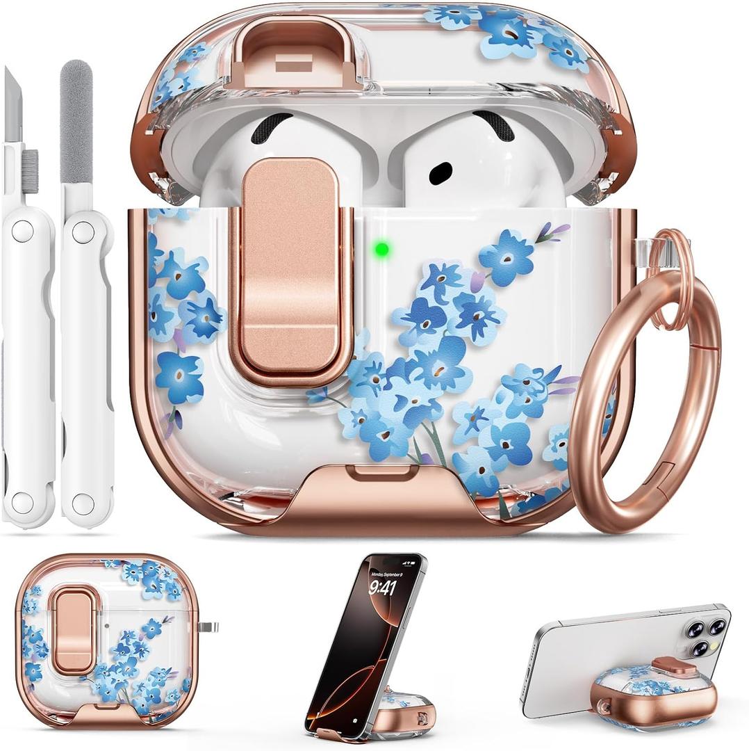 for AirPod 4 Case, with Safty Lock & Phone Stand for Floral AirPod 4 Generation Case Cover for Women Girly, iPod 4 Cases with Keychain & Cleaner Kit -Blue Bells Flower