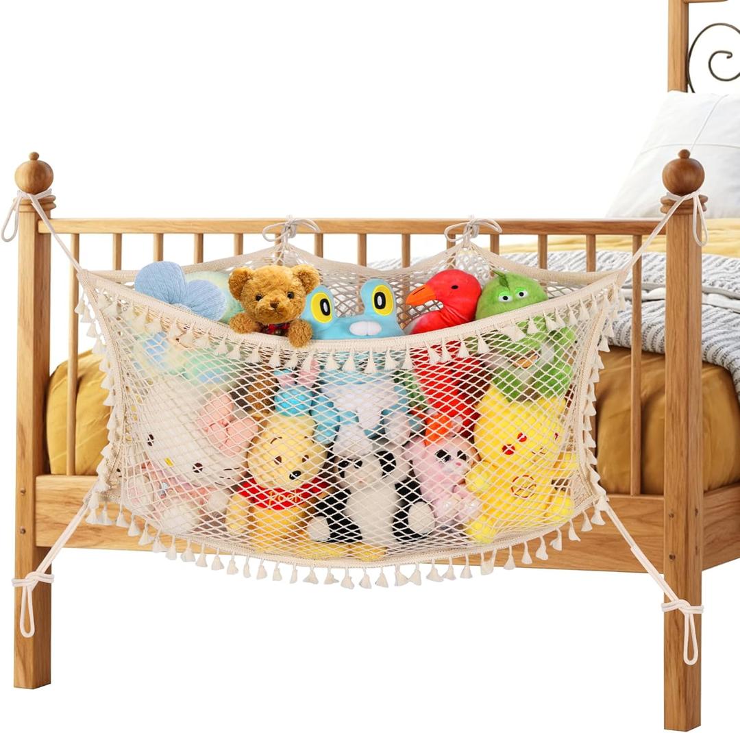 Stuffed Animal Storage Net, Large Bedside Toy Organizer Net, Cotton Plushie Toy Storage Hammock with Tether for Stuffed Animals Playroom Organization, Beige