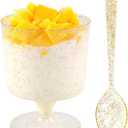 WDF 96PACK 7oz Gold Glitter Medium Large Plastic Dessert Cups With Spoons-48 Disposable Appetizer Cups |Goblet Glasses & 48 Gold Glitter Tasting Spoons for Thanksgiving Party