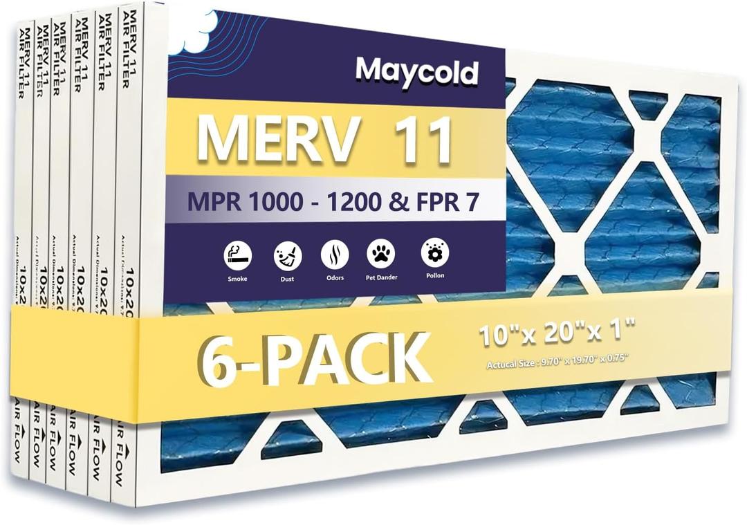 Maycold 10x20x1 MERV 11 Furnace Air Filter (6-Pack), High-Performance HVAC AC Filters for Home Use, Actual Size: 9.70 x 19.70 x 0.75, Individually Wrapped in Plastic