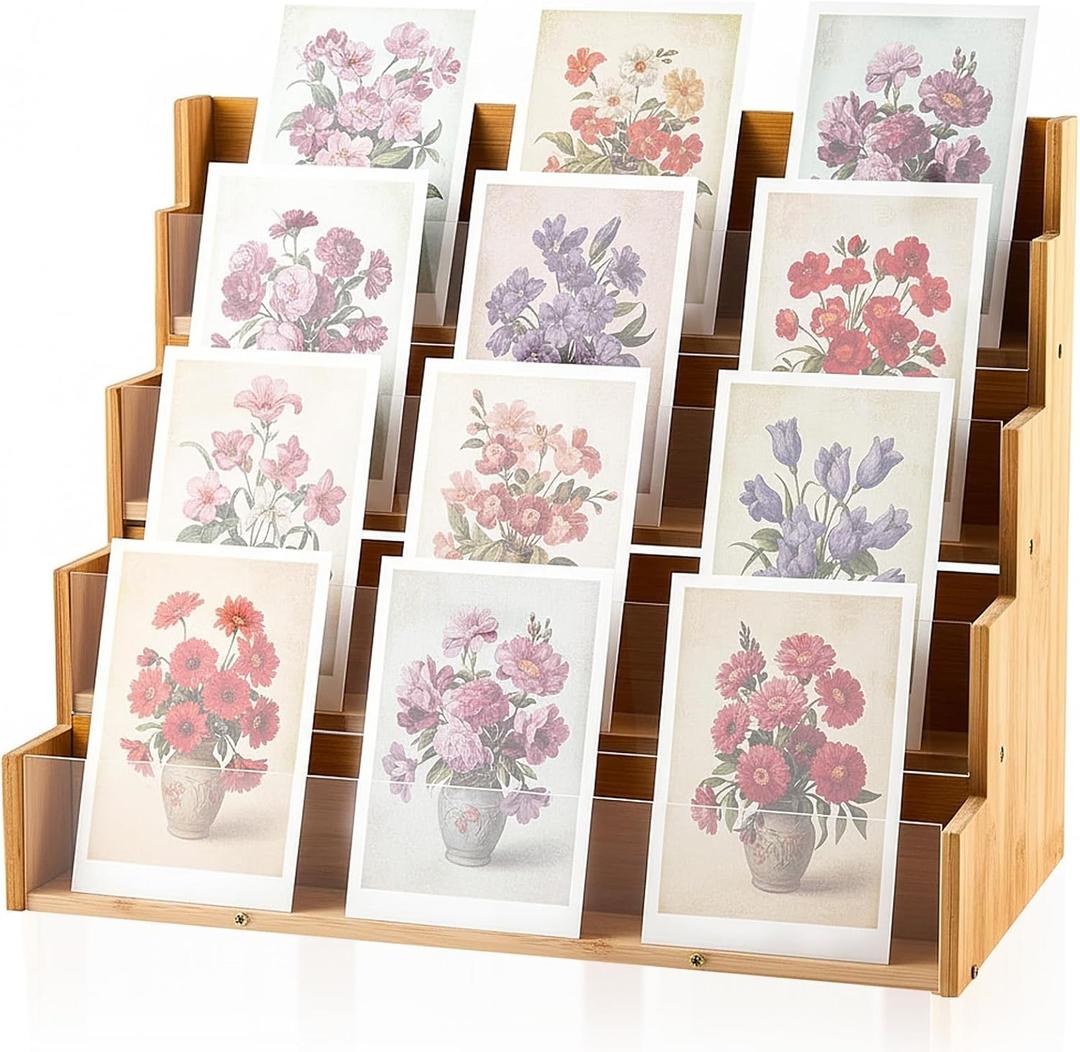 Yuntau 4 Tier Greeting Card Display Stand Wood Color Bamboo and Acrylic Sticker Display Stand Trading Card Holder Retail Photos Shelf for Vendors Craft Collection & Show