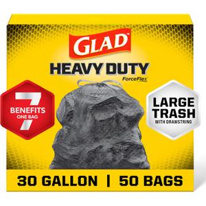 Glad Large 30 Gallon Trash Bags, Unscented Heavy Duty Garbage Bags, Forceflex with Drawstring, 50 Count (Packaging May Vary)