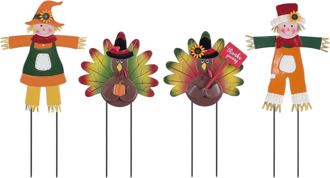 hogardeck Fall Decorations for Home Outdoor, 4 PCS Metal Turkey Scarecrow Decorative Garden Stakes with Sunflower for Fall Decor, Yard Signs for Garden Home Lawn Patio Thanksgiving Decorations