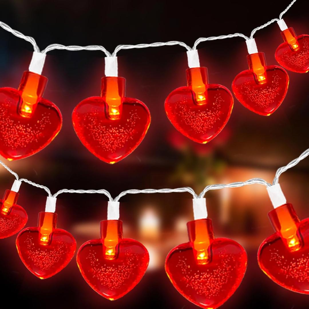 Valentines Day Lights 10Ft 20LEDs Heart Shaped Lights Battery Operated, Red Valentine Heart Fairy Light Valentines Day Decorations for Home Indoor (Red)