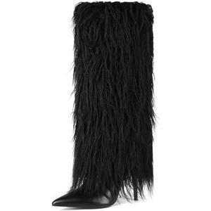 Women's Fur Knee High Boots Female Stiletto Heel Furry Side Zipper Pointed Toe Black Clubwear Party Evening Tall Boots Size 8.5