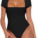 REORIA Womens Sexy Square Neck Double Lined Shirt Stretchy Basic Short Sleeve Going Out Thong Bodysuit Tops, Size 2 XL, Black