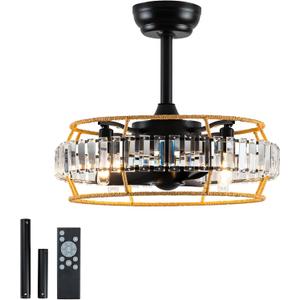18 inch Caged Ceiling Fan with Light - Rustic Farmhouse Chandelier Ultra-Quiet Reversible Motor, 3 Speeds Remote Control, for Kitchen Living Room Nursery Bedroom Office (Color Crystal + Twine)