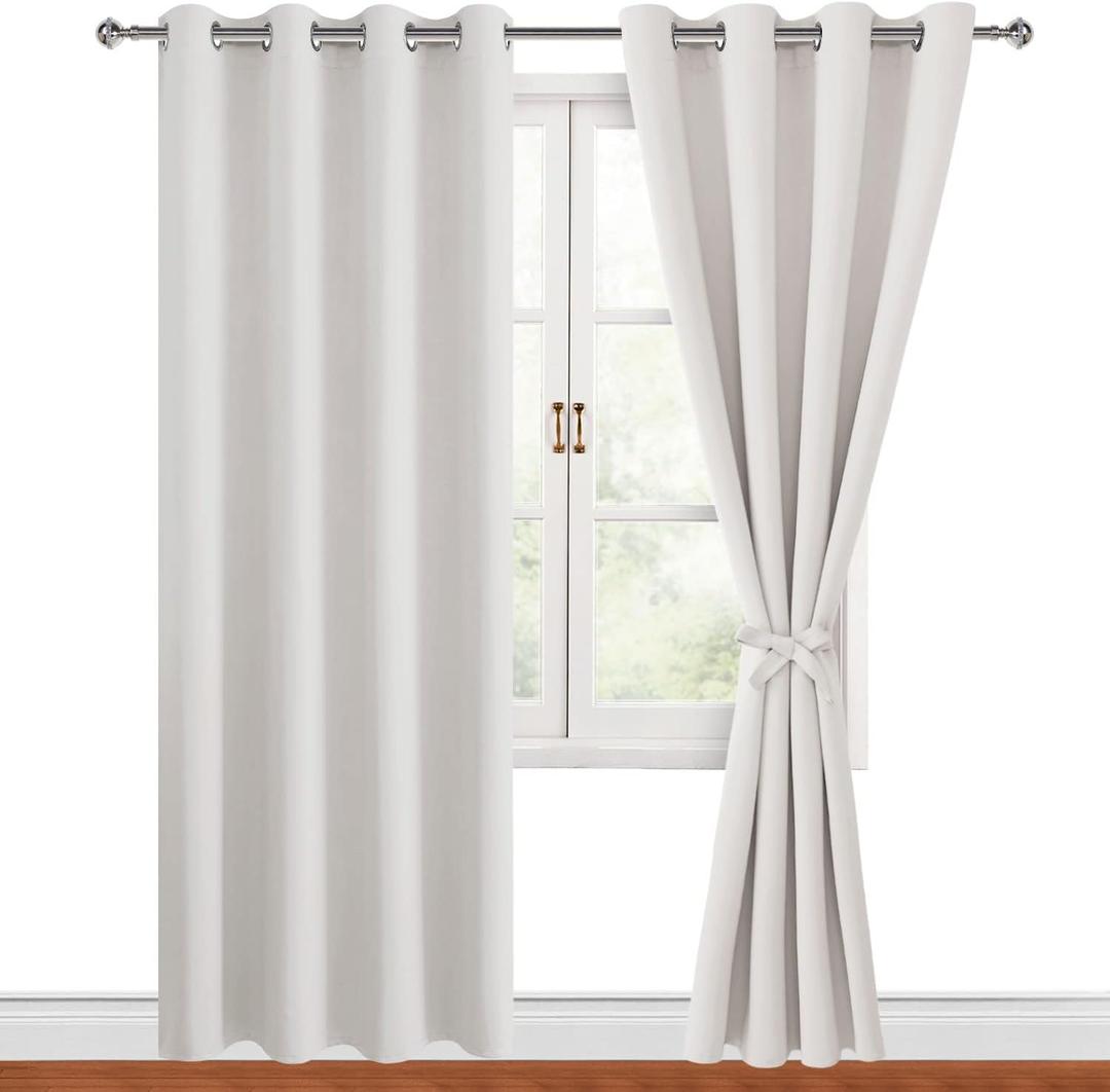 Hiasan Blackout Curtains for Bedroom, 52 x 84 Inches Long - Thermal Insulated & Light Blocking Window Curtains for Living Room/Kids Room, 2 Drape Panels Sewn with Tiebacks, Ivory