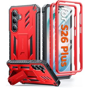 FNTCASE for Samsung Galaxy S26+ Plus Case: with Kickstand | 2 Front Frames | Built-in Screen Protector Military Grade Drop Proof Protection Rugged Protective Phone Case for S26 Plus 6.7 Inch Red
