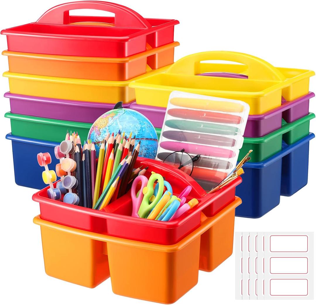 Tanlade 12 Pcs Classroom Storage Caddies Stackable Utility Caddies with 3 Compartment Portable Plastic Caddy with Handle Classroom Storage Bins Organizers for Kids Schools Art Craft Supplies