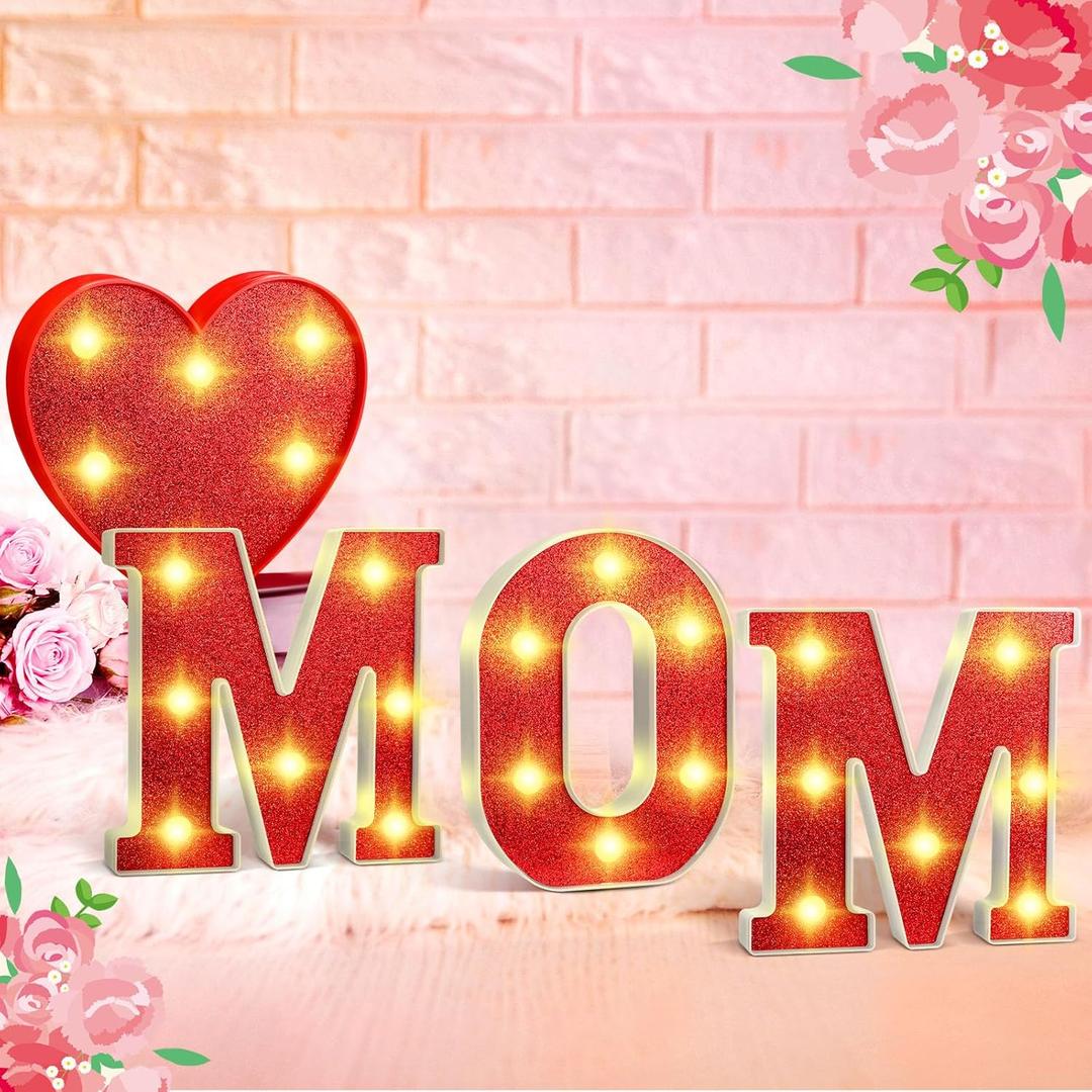 Aurelema 4 Pcs Mother's Day LED Lights Light up Letters Mom Light Sign Battery Powered Heart up Letters for Mom Party Decor Night Home Family Supplies(Red)