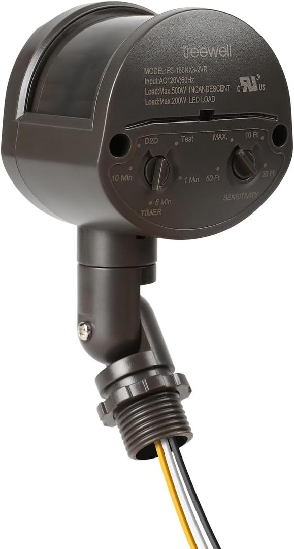 TREEWELL Motion Sensor, 180-Degree Replacement Motion Detector, Adjustable Time & Detection Sensitivity Up to 60 Feet Range, 3 Working Modes Pir Motion Sensor for Security Floodlight, Brown, UL Listed