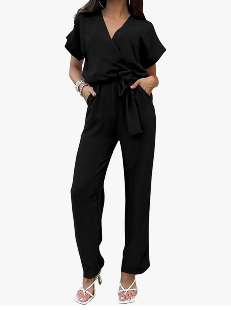 PRETTYGARDEN Women's Summer One Piece Jumpsuits Belted Short Sleeve Wrap V Neck Fashion Dressy Casual Wide Leg Pants Romper, XL