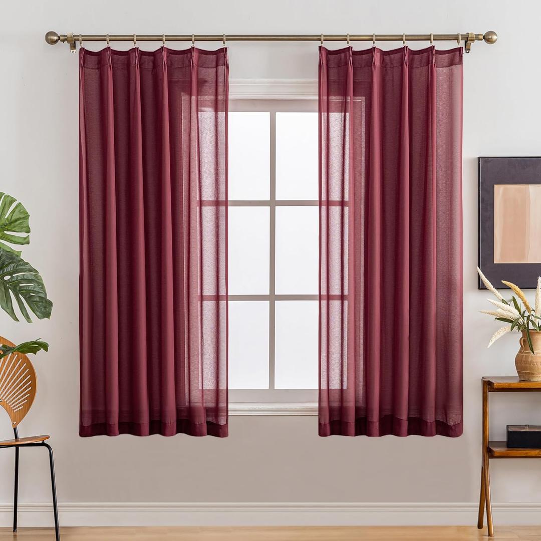 Pinch Pleated Sheer Curtains 63 Inches Long 2 Panels Set Light Filtering Semi Voile Sheer Privacy Drapes with Pinch Pleated Design for Kids'Bedroom, bathroom window(Winery, 42 W x 63 L, 2 Panels)