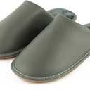 Unisex House Slippers, Genuine Leather Solid Color Minimalist Indoor Slippers, Soft Warm Flannel Lining, Lightweight Comfortable Flexible Anti-Slip Rubber Sole (7 Women/6 Men, Grey)